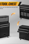 Black 8-drawer rolling tool chest with lock and wheels
Heavy-duty metal tool cabinet with detachable top chest
Garage storage cabinet with secure locking and spacious drawers
