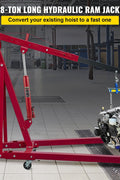 8-Ton Long Ram Hydraulic Jack – Full Side View in Red
Hydraulic Long Ram Jack – Pump Handle and Cylinder Detail
Heavy-Duty 8 Ton Jack – Top Cap and Piston Close-Up
Red Steel Long Ram Jack – Mounted on Engine Hoist Setup
Shop Crane Hydraulic Jack – Long Stroke Adjustment View