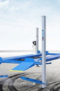 Blue portable 4-post car hoist in garage

Drive-on ramp and runway surface

Close-up of power unit and lift columns

Vehicle elevated on blue car lift

Heavy-duty safety locks and cable system