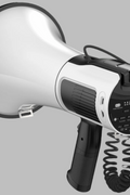 80W white Bluetooth megaphone with shoulder strap

Megaphone PA speaker with USB and SD card ports

Rechargeable handheld megaphone with built-in mic

Megaphone in outdoor sports setting

Megaphone speaker kit with accessories included