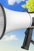 80W white Bluetooth megaphone with shoulder strap

Megaphone PA speaker with USB and SD card ports

Rechargeable handheld megaphone with built-in mic

Megaphone in outdoor sports setting

Megaphone speaker kit with accessories included