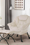 Velvet accent chair with ottoman – beige and gray lounge armchair for living room, padded and upholstered
