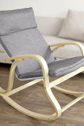 Modern bentwood rocking chair with curved birch frame and grey cushion
Front view of grey upholstered rocking chair
Side profile of nursery-style bentwood rocker
Back view of wooden frame rocking chair
Rocking chair staged in a minimal reading nook