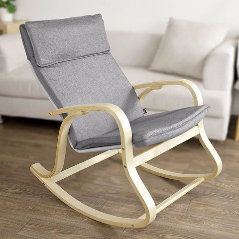 Modern bentwood rocking chair with curved birch frame and grey cushion
Front view of grey upholstered rocking chair
Side profile of nursery-style bentwood rocker
Back view of wooden frame rocking chair
Rocking chair staged in a minimal reading nook