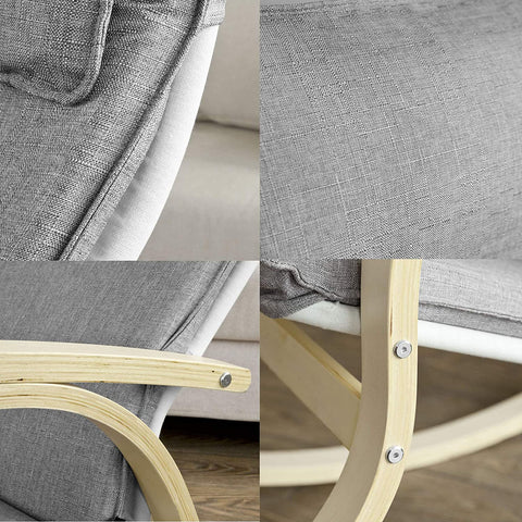 Modern bentwood rocking chair with curved birch frame and grey cushion
Front view of grey upholstered rocking chair
Side profile of nursery-style bentwood rocker
Back view of wooden frame rocking chair
Rocking chair staged in a minimal reading nook
