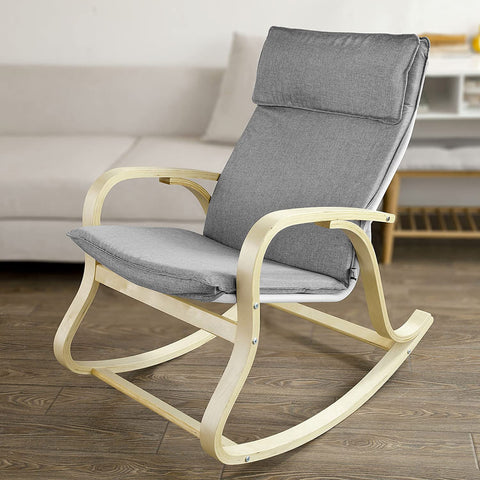 Modern bentwood rocking chair with curved birch frame and grey cushion
Front view of grey upholstered rocking chair
Side profile of nursery-style bentwood rocker
Back view of wooden frame rocking chair
Rocking chair staged in a minimal reading nook