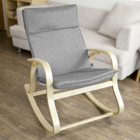 Modern bentwood rocking chair with curved birch frame and grey cushion
Front view of grey upholstered rocking chair
Side profile of nursery-style bentwood rocker
Back view of wooden frame rocking chair
Rocking chair staged in a minimal reading nook