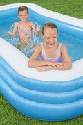 Bestway 54009 inflatable paddling pool with kids
Top view of family in Bestway 10ft blue pool
Bestway family pool in outdoor garden setup
Spacious inflatable pool for backyard fun
Bestway 54009 kids pool with drain valve