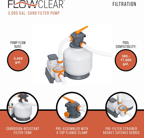 “Bestway Flowclear Sand Filter Pool Pump with Hoses – 3000 GPH”

“Above-ground pool sand filtration system by Bestway”

“Model 58500 sand filter with pressure gauge”

“Flowclear 2200 GPH pump system for pools”

“6-position valve Bestway sand filter system”