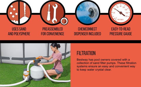 “Bestway Flowclear Sand Filter Pool Pump with Hoses – 3000 GPH”

“Above-ground pool sand filtration system by Bestway”

“Model 58500 sand filter with pressure gauge”

“Flowclear 2200 GPH pump system for pools”

“6-position valve Bestway sand filter system”