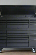 Side profile of industrial-grade rolling tool bench
Close-up of smooth-glide casters with locking brakes



