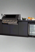 Black stainless steel outdoor kitchen island with fridge

5-burner outdoor BBQ grill island

Built-in stainless steel grill station with fridge

Luxury backyard cooking island

Weather-resistant outdoor kitchen with fridge