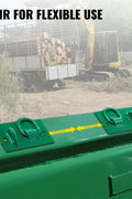 Green tractor bucket tie-down plate with grab hooks and D-rings
Kit mounted on loader bucket
All hardware included in tie-down kit
Yellow version of the tie-down plate
Product with tools and bolts laid out
