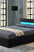 Bonded Leather Gas Lift LED Bed Frame with Remote Lighting and Storage Ottoman – Twin to King Sizes in Black or White