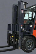 CanLift 5,500 lb electric forklift front side view

Side profile of electric forklift with red cabin

CanLift warehouse forklift with 4-foot lift

Battery-powered forklift in industrial setting

Forklift with cabin and side shift attachment