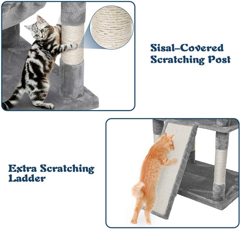67-inch tall multi-level cat tree tower in gray

Cat tree with ladder, scratching posts, and top perches

Indoor cat condo tower for multiple cats