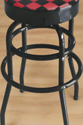 Checkered Swivel Bar & Shop Stool – Retro Red and Black Backless Stool with Round Seat and Twin Ring Base