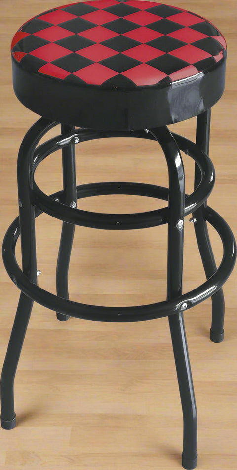 Checkered Swivel Bar & Shop Stool – Retro Red and Black Backless Stool with Round Seat and Twin Ring Base