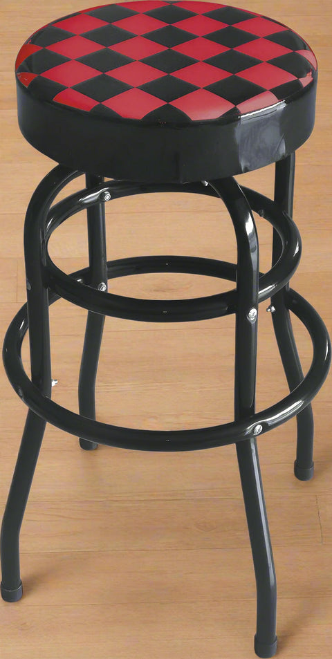 Checkered Swivel Bar & Shop Stool – Retro Red and Black Backless Stool with Round Seat and Twin Ring Base