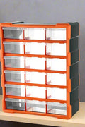 Clear drawer plastic tool box organizer with orange frame
Stackable parts storage bin for screws and fittings
Modular tool organizer with clear drawers and secure latch
Craft and DIY parts storage bin with removable dividers
Connectable plastic drawer organizer for hardware and beads