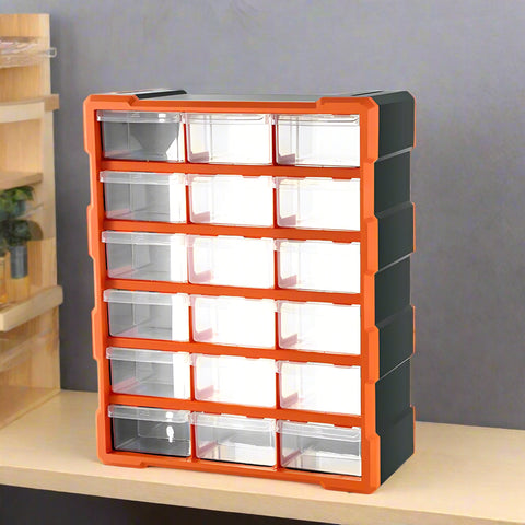 Clear drawer plastic tool box organizer with orange frame
Stackable parts storage bin for screws and fittings
Modular tool organizer with clear drawers and secure latch
Craft and DIY parts storage bin with removable dividers
Connectable plastic drawer organizer for hardware and beads