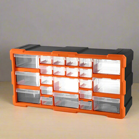 Clear drawer plastic tool box organizer with orange frame
Stackable parts storage bin for screws and fittings
Modular tool organizer with clear drawers and secure latch
Craft and DIY parts storage bin with removable dividers
Connectable plastic drawer organizer for hardware and beads