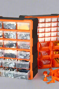 Clear drawer plastic tool box organizer with orange frame
Stackable parts storage bin for screws and fittings
Modular tool organizer with clear drawers and secure latch
Craft and DIY parts storage bin with removable dividers
Connectable plastic drawer organizer for hardware and beads