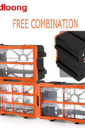 Clear drawer plastic tool box organizer with orange frame
Stackable parts storage bin for screws and fittings
Modular tool organizer with clear drawers and secure latch
Craft and DIY parts storage bin with removable dividers
Connectable plastic drawer organizer for hardware and beads