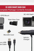 Cobra SC 400D dash cam front and rear view camera system
Cobra SC 400D product packaging with included accessories
Close-up of the 3” OLED touchscreen display
Rear camera module mounted on windshield