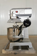 15 QT commercial dough mixer on stainless steel counter

Stainless steel mixing bowl with guard closed

Front view of food-grade commercial mixer with attachments

Dough hook installed on industrial kitchen mixer