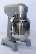 15 QT commercial dough mixer on stainless steel counter

Stainless steel mixing bowl with guard closed

Front view of food-grade commercial mixer with attachments

Dough hook installed on industrial kitchen mixer