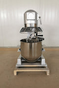 15 QT commercial dough mixer on stainless steel counter

Stainless steel mixing bowl with guard closed

Front view of food-grade commercial mixer with attachments

Dough hook installed on industrial kitchen mixer