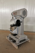15 QT commercial dough mixer on stainless steel counter

Stainless steel mixing bowl with guard closed

Front view of food-grade commercial mixer with attachments

Dough hook installed on industrial kitchen mixer