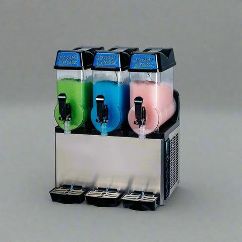 • “Triple tank commercial slush drink machine – 36L capacity”
• “Frozen drink dispenser with LED top lighting”
• “Side view of commercial slush machine in stainless steel finish”
• “24L double tank slush drink machine for bars and cafés”
• “Embraco-powered commercial frozen drink machine”