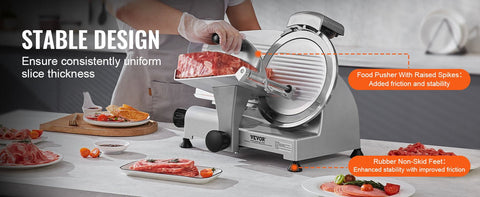 Professional-grade meat slicer cutting ham, cheese, and bread