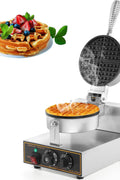 Commercial stainless steel waffle maker with temperature controls

Close-up of waffle iron non-stick cooking plate

Waffle maker showing adjustable timer and knob

Fresh waffles on commercial waffle iron

Stainless steel body with heat-resistant handle