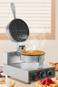 Commercial stainless steel waffle maker with temperature controls

Close-up of waffle iron non-stick cooking plate

Waffle maker showing adjustable timer and knob

Fresh waffles on commercial waffle iron

Stainless steel body with heat-resistant handle