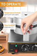 Commercial stainless steel waffle maker with temperature controls

Close-up of waffle iron non-stick cooking plate

Waffle maker showing adjustable timer and knob

Fresh waffles on commercial waffle iron

Stainless steel body with heat-resistant handle