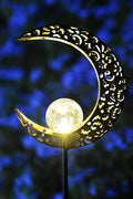 Crescent moon shaped solar LED light for garden pathway
Warm white crackle glass orb on solar-powered metal stand
Outdoor crescent moon decor light with solar panel
Elegant crackle glass garden light at night glowing warm white
Solar crescent garden light illuminating flower bed