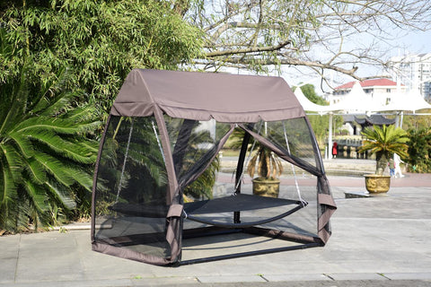 Deluxe Outdoor Hammock Swing Bed with Mosquito Net and Canopy Roof – Freestanding Lounger for Backyard and Camping