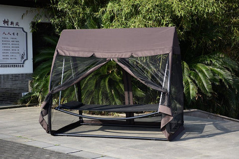 Deluxe Outdoor Hammock Swing Bed with Mosquito Net and Canopy Roof – Freestanding Lounger for Backyard and Camping