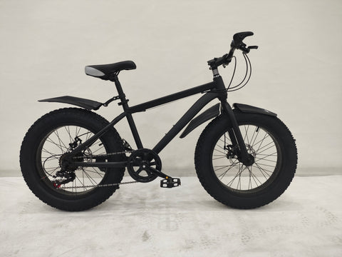 DEVIANT 20” fat tire bike front and side view
Shimano 7-speed shifter on a mountain bike
Close-up of disc brakes on a 26” off-road bike
Fat 4.0” tires with rugged tread for off-road terrain
Full frame view of assembled 26” DEVIANT fat tire bike