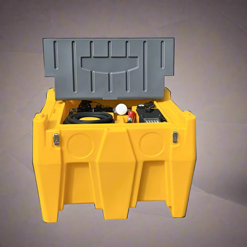 500L yellow diesel fuel tank with lockable cap and hose

Fuel transfer tank with 12V pump and nozzle

Portable polyethylene diesel tank for industrial use

Yellow fuel tank with transfer system and fittings