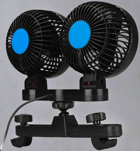 d12V dual head electric car seat fan with blue center – plug-in cooling system for rear passengers and pets
