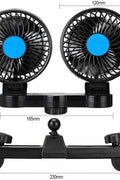 Adjustable dual head vehicle fan mounted for backseat air circulation with 360-degree rotation