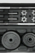 110 lb adjustable dumbbell and barbell set with plastic storage box

Spinlock dumbbell and barbell kit for home gym strength training

Full dumbbell and barbell setup with weight plates and connector bar

Home gym weight set with interchangeable dumbbell and barbell configuration