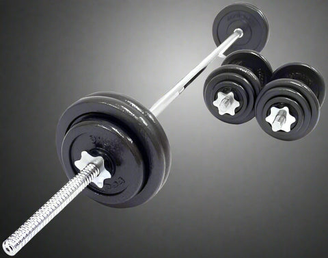 110 lb adjustable dumbbell and barbell set with plastic storage box

Spinlock dumbbell and barbell kit for home gym strength training

Full dumbbell and barbell setup with weight plates and connector bar

Home gym weight set with interchangeable dumbbell and barbell configuration