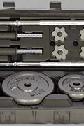 110 lb adjustable dumbbell and barbell set with plastic storage box

Spinlock dumbbell and barbell kit for home gym strength training

Full dumbbell and barbell setup with weight plates and connector bar

Home gym weight set with interchangeable dumbbell and barbell configuration