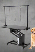 Electric Hydraulic Pet Grooming Table with Dog – Front View

Grooming Table with Adjustable Arm and Dog – Side View

Electric Lift Pet Grooming Table – Rear View

Heavy-Duty Grooming Station – Adjustable Height Display
