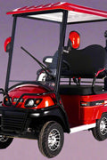 Side view of electric 4-wheel senior mobility scooter with red canopy

Front view of red electric personal golf cart

Rider sitting in senior mobility scooter outdoors

Back view of golf cart with 3-wheel configuration

Zoomed-in tire and motor components

Comfortable padded seat with backrest